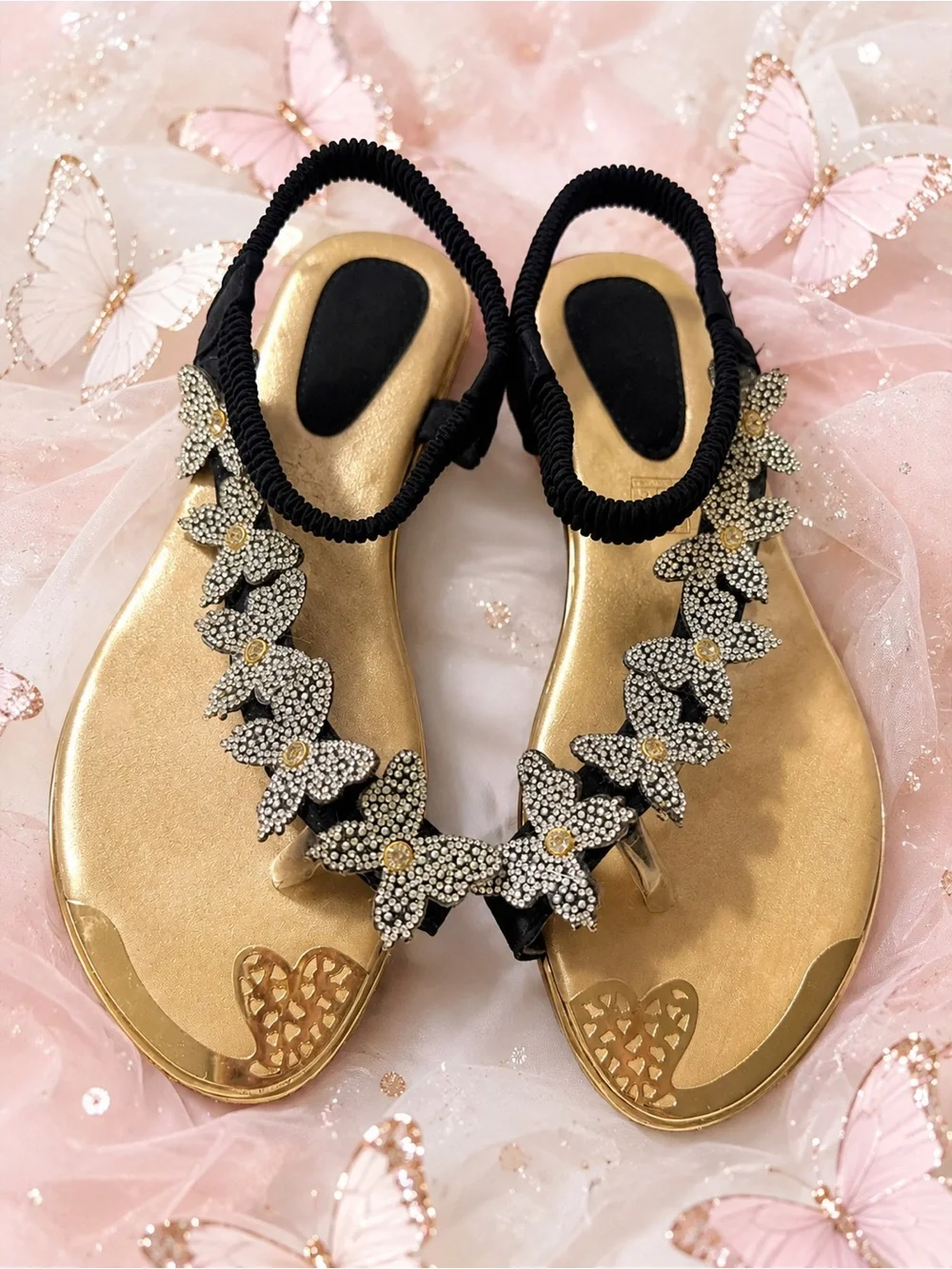 Gold Floral Crystal Embellished Butterfly Slingback Sandals - Women 10